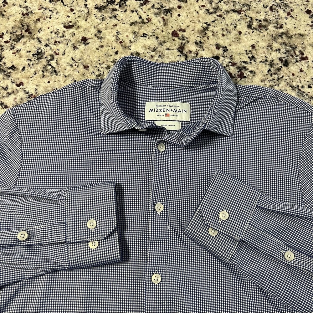 Mizzen+Main, Blue, White, Checkered, Performance, Trim Fit, Stretch Shirt |‎ M L